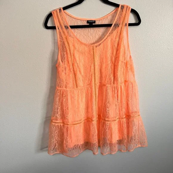 Torrid Peach Ruffle Lace Top with Attached Cami - Picture 1 of 3